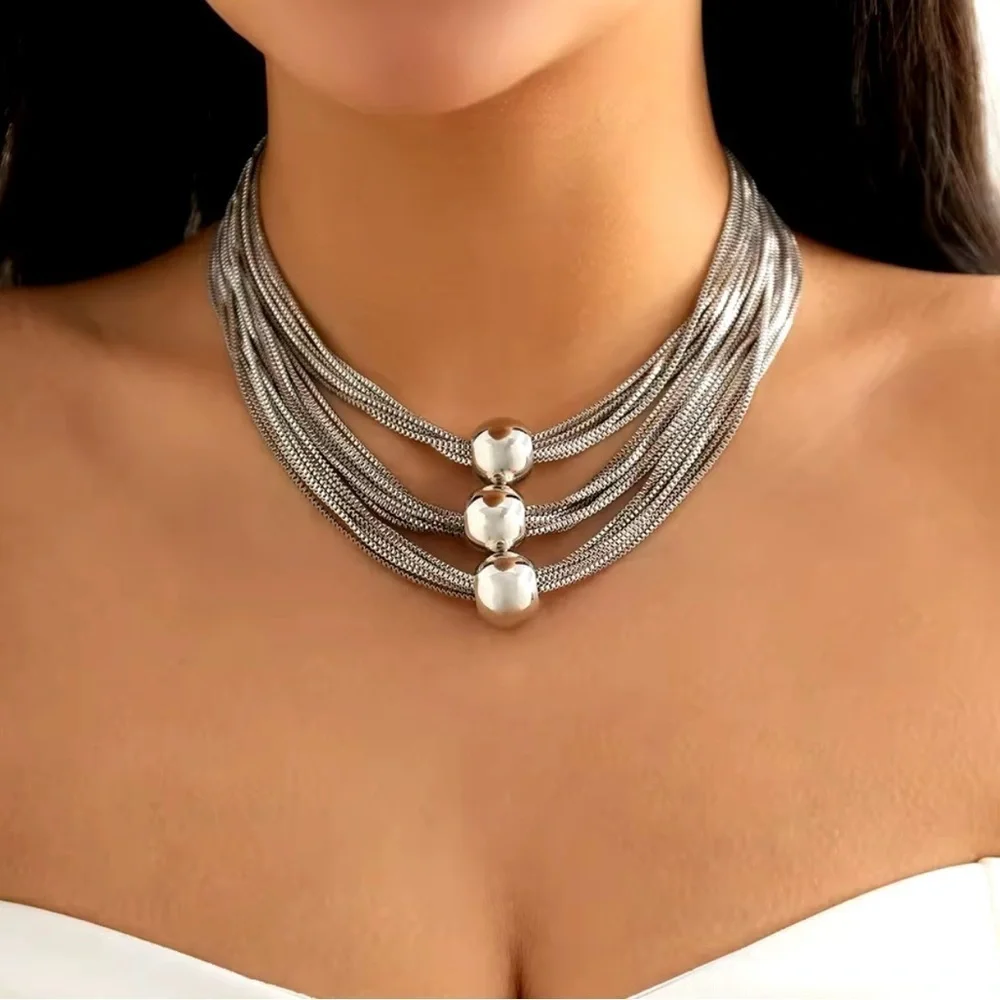 18K White Gold Plated Chunky Thick Layered Chain W/ Exaggerated Beads Necklace - Picture 3 of 7